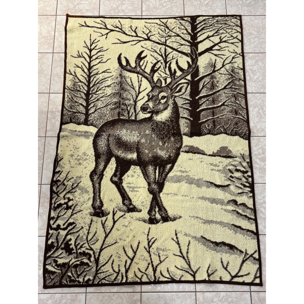 Majestic Deer Stag Winter Forest Fleece Blanket Tapestry Vintage San Marcos Type